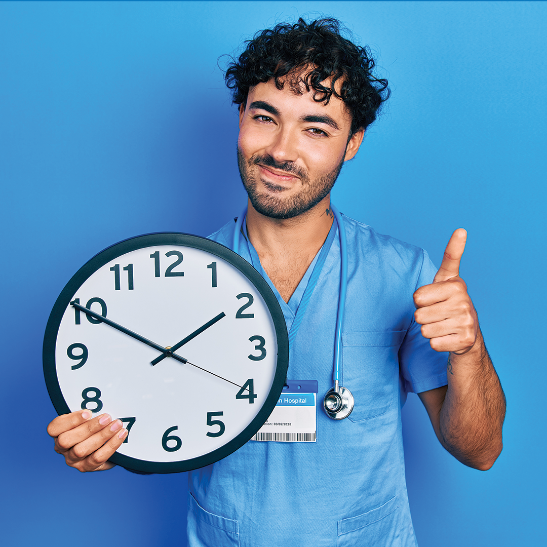 Thumbs up and holding a clock